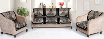 Nendle Velvet Fabric Sofa Cover Set of 5 Seater (Black, 6 Pieces)